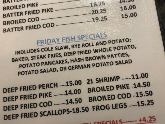 Friday fish fry menu