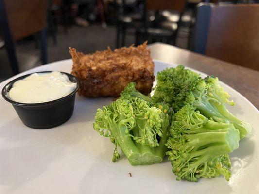 Battered cod with broccoli