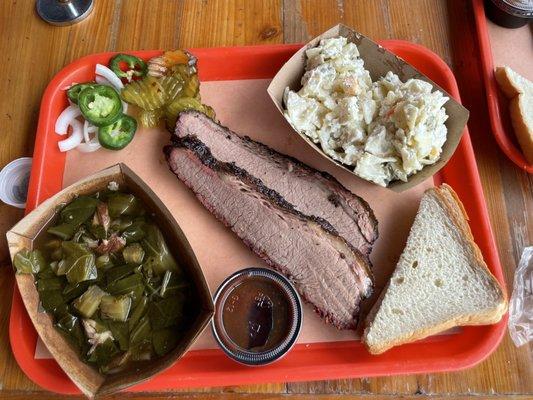 Brisket with turnip greens and dill pickle pasta salad