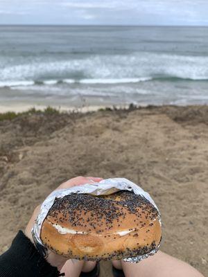 Poppyseed bagel with cream cheese