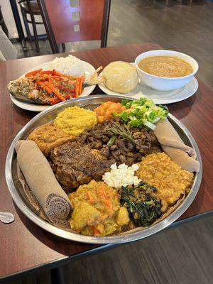 Ethiopian combo platter with Tibs and the chicken stew