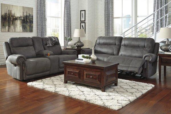 Sofa with double recliners and love seat with console made by Ashley only $74 per month