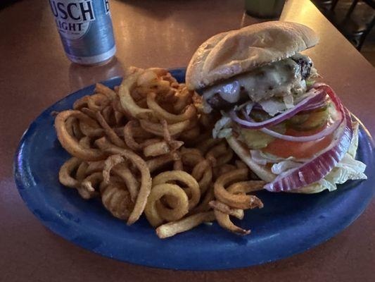 Burger with Swiss cheese and fries.