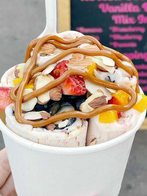 Fruit overload with almonds and caramel drizzle