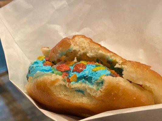 Cookie Monster and Fruity Pebbles on a warmed donut