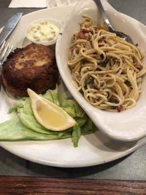 Crab cake with old bay spaghetti