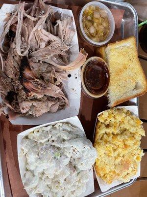 Amazing smoked pulled pork, ranch pasta salad and the best corn pudding you will ever devour.