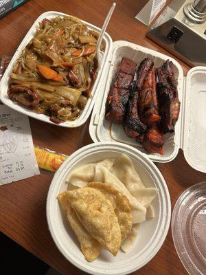 Bbq Pork Chow Fun, Fried Shrimp Dumplings, Steamed chicken Dumplings and Bbq Pork Spare ribs with bone in.