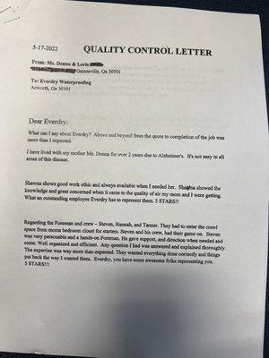 Letter from recent customer pg1