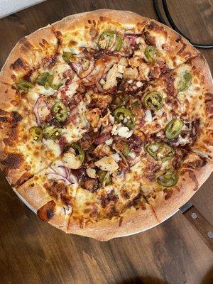 BBQ chicken pizza with jalapeños