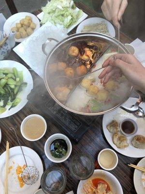 Vegetable broth and spicy broth hot pot!