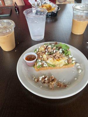 Avocado toast + iced almond milk lattes