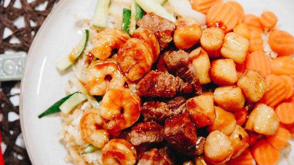 Pick Three Hibachi (Choose from chicken, steak, shrimp, and scallops!)