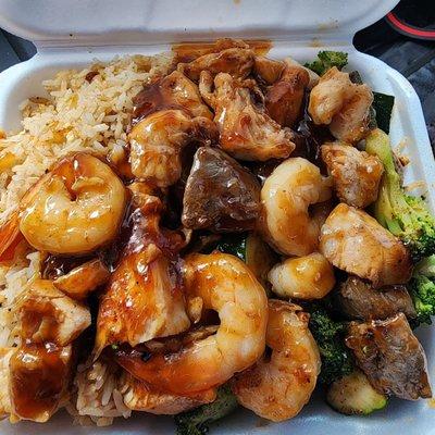 Beef, shrimp, and chicken hibachi