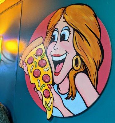 Cartoon lady smiling with a big slice of pizza