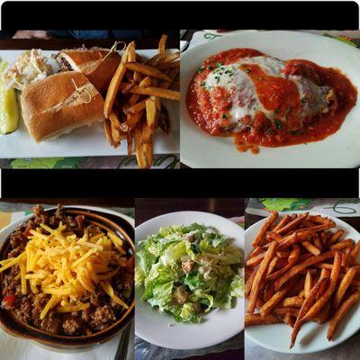 JD signature steak sandwich, chicken parmigiana, chili, Caesar salad and sweet potato fries