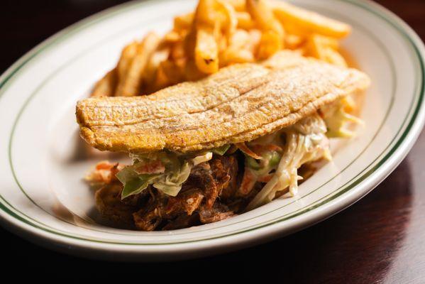 BBQ Pork Jibarito - guava bbq pork, cole slaw, crispy plantains