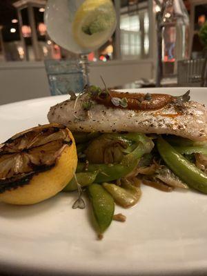 Pesce - GF 7oz Gulf pan-seared red snapper, brussels, snap peas, salsa rossa, lemon