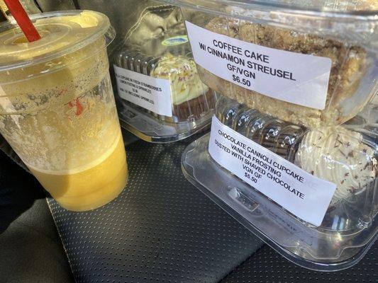 Apple mimi juice and vegan gluten free cupcakes and coffee cake.