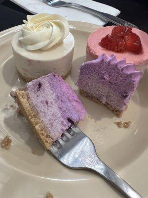 Cheesecake: flavors are New York, blueberry, strawberry