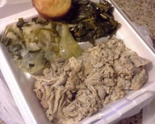 Chitterling dinner, collards, cabbage and cornbread.