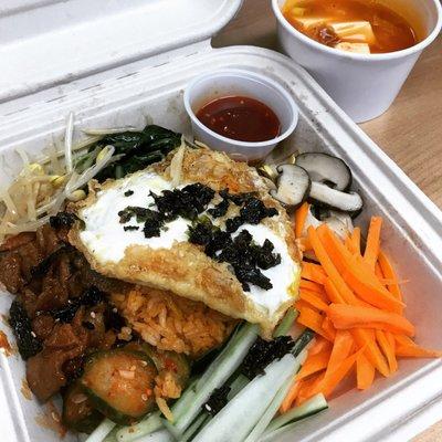 Pork bibimbap (Korean food) with soon tofu soup from the international grill!