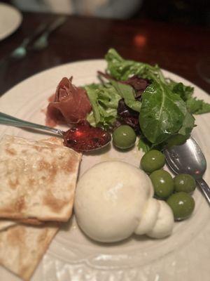 Burrata with Fig Jam - seasonal fall appetizer with prosciutto, olives, and dressed greens. Delicious!