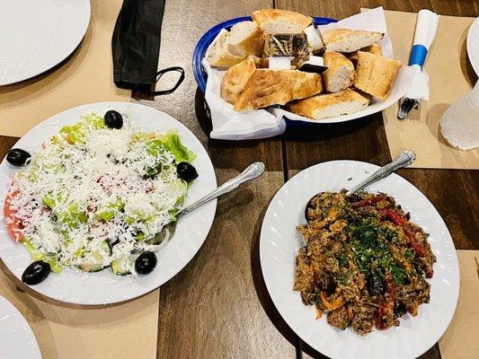 Greek Salad, Eggplant Salad & bread