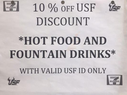 10% off on all hot food and fountain drinks for USF student and faculty