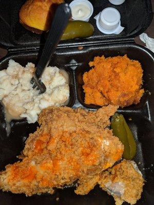 Fried chicken, mashed potatoes, and carrot souffle