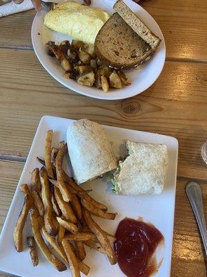 Caesar salad wrap with fries, build your own omelet with toast and homefries