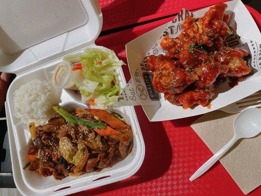 spicy pork rice bowl and spicy korean fried wings