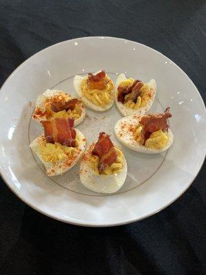 Deviled eggs with candied bacon