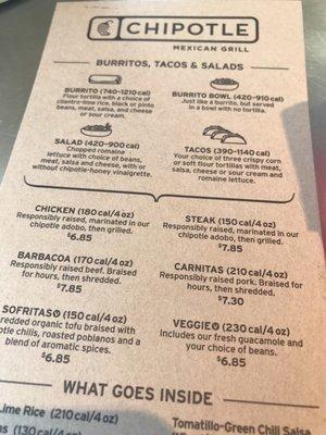 Chipotle Mexican Grill menu