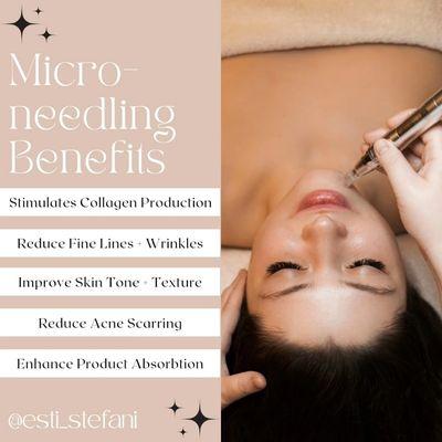 Microneedling benefits: stimulates collagen production, reduces fine lines, improves skin texture, reduces scarring, enhances product abs...