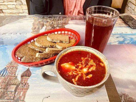 Red borscht, homemade compote, and their fabulous dark rye bread