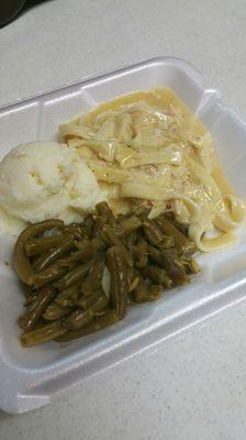 Homemade Chicken and Noodles with mashed potatoes and green beans