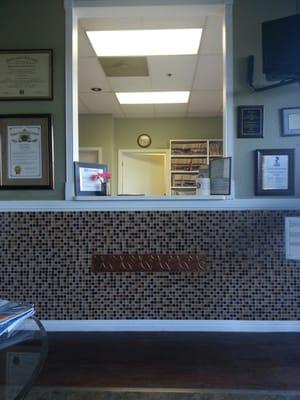 New tile wall at the front of the reception area. Nice clean look! Gj team!