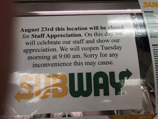 Staff appreciation day August 23rd -closed. Great  way to celebrate there staff