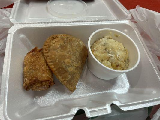 Boudin egg roll, crawfish pie, potato casserole