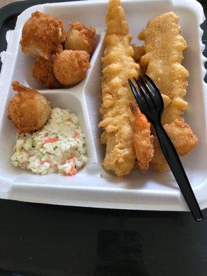 Hush puppies, coleslaw, butterfly shrimp & fried fish!