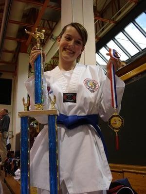 Proud students from Chung's Tae Kwon Do Institute in Palmer, AK display their 1st place trophies and medals.