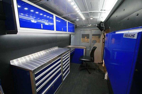 Sprinter Van Upfit with Blue Moduline Cabinets