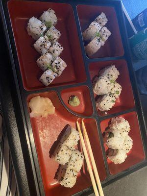 Bento box J8  substitute tuna roll for JB roll, up charge $1