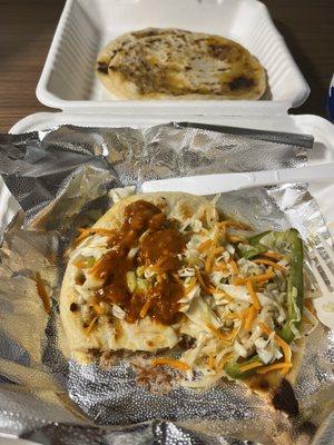 Pork beans and cheese pupusas with curtido and hot sauce