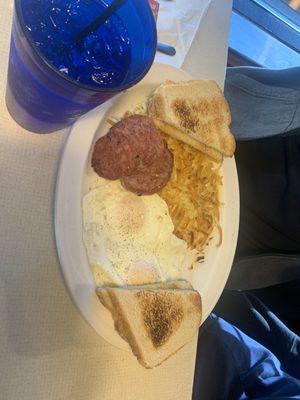 Sausage, Eggs, hash browns & toast