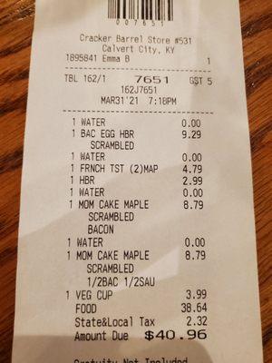 Here's evidence for my review. The $4.79 is what the server put in for my French Toast.