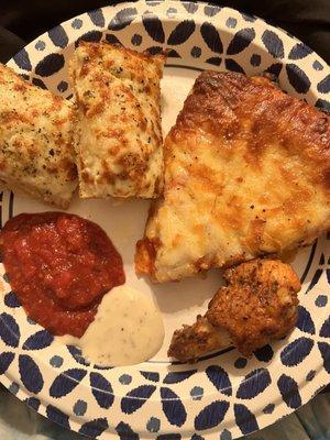 Cheese bread, wings and cheese pizza