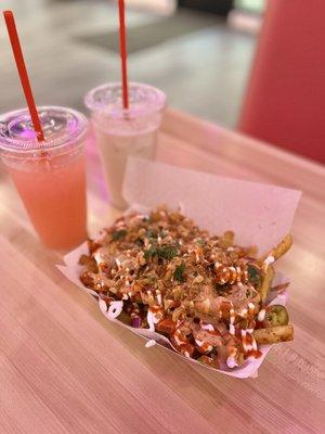 Loaded fries, guava agua fresca, horchata