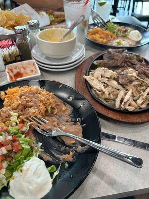 Chicken & Beef Fajitas, Beans, Rice